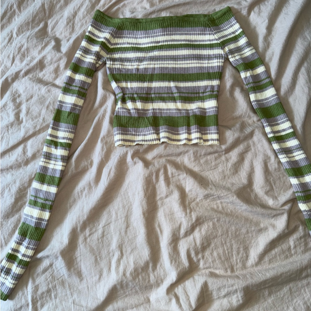 Fashion Nova Green and White Ribbed Crop Blouse